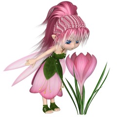Cute Toon Pink Spring Crocus Fairy, Standing by a Flower - fantasy illustration