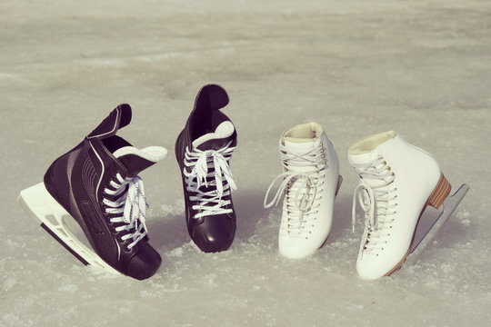 Black and white skates together on the spring ice in sunny day