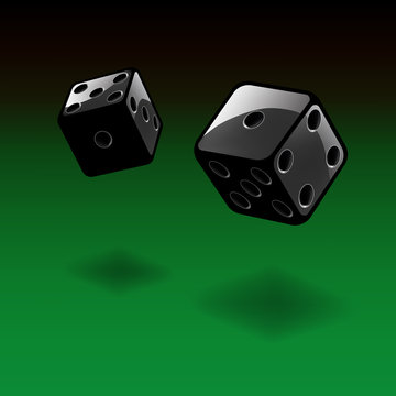Dice gambling background. Black cubes on green background. Vector illustration.
