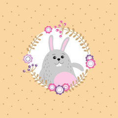 Holiday background with easter bunny and floral vreath. Vector illustration.