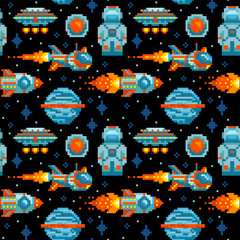 Pixel art. Space seamless pattern. Planet, spaceship, rocket, astronaut, UFO. Space background.