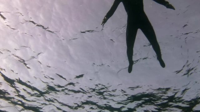 Silhouette of a girl in the water in Red Sea. Drowned. in Red Sea. Filming a movie.