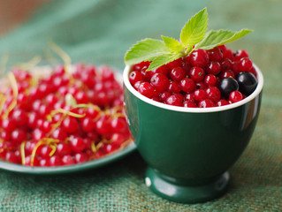 Juicy berries of red currant in a green ceramic mug. Summer harvest of berries