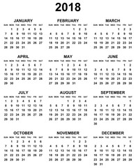 Simple editable black and white vector calendar 2018 year sunday first in eps 10.