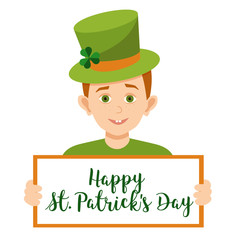 boy in the hat holding a banner that says happy St. Patrick's day.St. Patrick's day greeting card with leprechaun.vector illustration of isolated layers on a white background