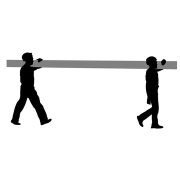 Silhouette of two construction workers carry pipe. Vector illustration