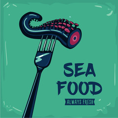 Sea food. Vintage poster with fork and octopus