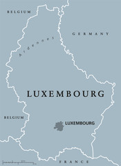 Luxembourg political map with capital, national borders and neighbor countries. Grand Duchy of Luxembourg, a landlocked country in Western Europe. Gray illustration with English labeling. Vector.