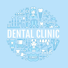 Dentist, orthodontics medical banner with vector line icon of dental care equipment, braces, tooth prosthesis, veneers, floss, caries treatment. Health care thin linear poster for dentistry clinic.