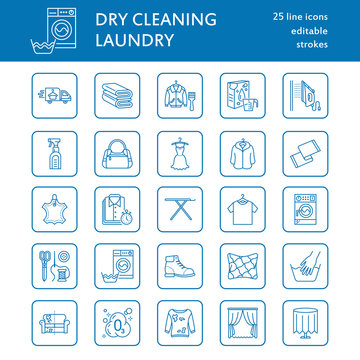 Dry cleaning, laundry line icons. Launderette service equipment, washing machine, clothing shoe and leaher repair, garment ironing and steaming. Washing thin linear signs for self-service laundry.