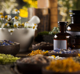 Alternative medicine, dried herbs and mortar on wooden desk background