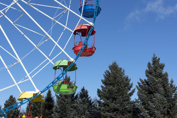 Ferris wheel on blue sky background, Sunny day, trees, spruce