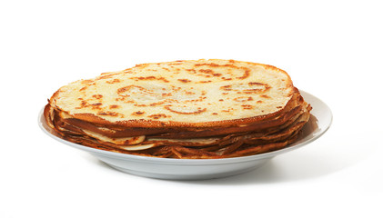 Pile of crepes on plate on white background