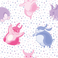 Seamless pattern with cute cartoon blue and pink little rabbits on cofetti background.