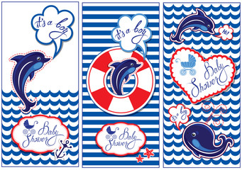 Obraz premium Baby boy Shower Nautical Set. Party Decoration, Scrapbook, invitation card. Funny flyers with dolphin, whale and frame on stripe white and blue background.