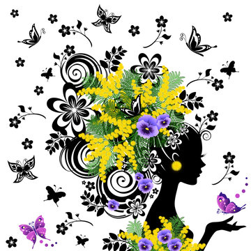 March 8  International Women's Day. Beautiful woman with wonderful hair and branches of mimosa on her head.