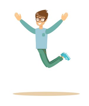 casual man jumping and smiling