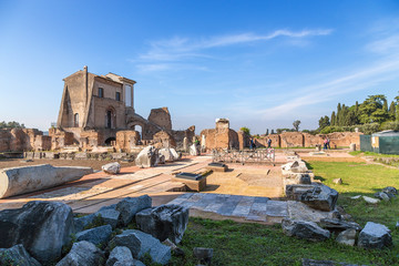 Fototapeta na wymiar Rome, Italy. The ruins of the Flavian Palace (Domus Flavia, I c.) and House Farnese (Casino del Belvedere, XVI cent.)