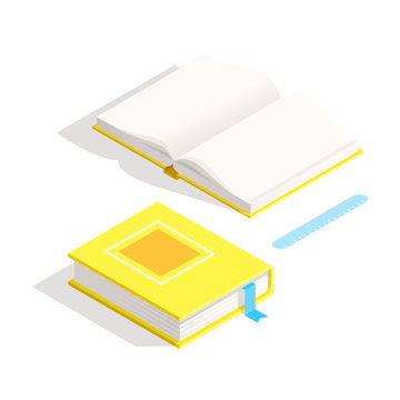 Isometric vector illustration with two book and ruler