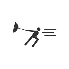 black and white Vector illustration in flat design of man with umbrella in storm