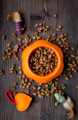 dry cat food in bowl on wooden background top view