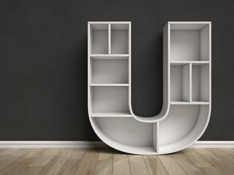 Letter U shaped shelves 3d rendering