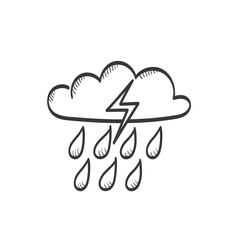 Cloud with rain and lightning vector sketch icon