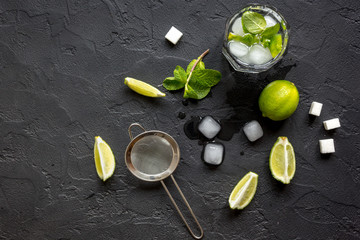 making mojito on dark background top view