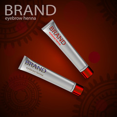 eps 10 vector advertising brand cosmetics poster for web and print. Eyebrow henna realistic bottle tube packing, 3d design. Henna ornaments with bokeh effect background. Organic natural product