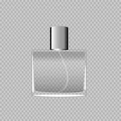 eps10 vector perfume realistic glass bottle with vaporizer spray mock up isolated on transparent background. Cosmetics and perfumery advertisement banner template for web, print, advertisement, design