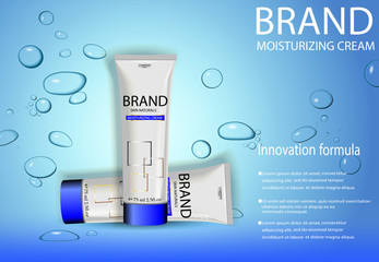 eps 10 vector advertising poster of revolutionary formula moisturizing cream with water air bubbles effect backdrop. Realistic brand cosmetic tube package, cosmetic advertising banner for web, print