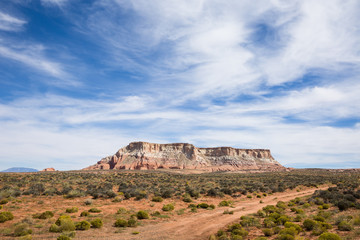 Fototapeta na wymiar Dirt road beneath desert plateau in Arizona