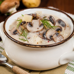 Mushroom Potato Soup. Selective focus.
