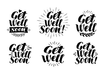 Get well soon, label. Health, medicine, hospital symbol. Lettering, calligraphy vector illustration