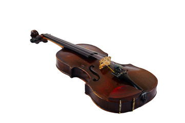 one violin image .old brown stringed wooden instrument isolated on the white background