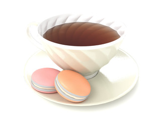 3d illustration of a cup of tea and macaroon isolated on white background.