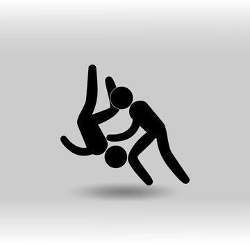 eps 10 vector Judo sport icon. Summer sport activity pictogram for web, print, mobile. Black athlete sign isolated on gray. Hand drawn competition symbol. Graphic design clip art illustration