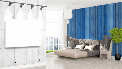 Modern interior with empty frame . 3D rendering