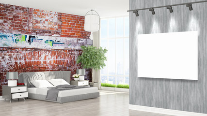 Modern interior with empty frame . 3D rendering