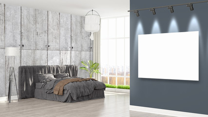 Modern interior with empty frame . 3D rendering