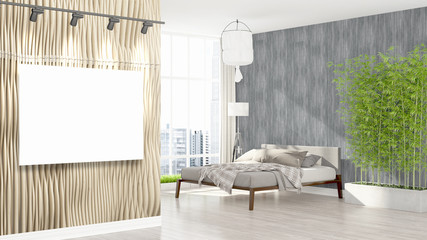 Modern interior with empty frame . 3D rendering
