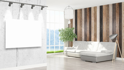 Modern interior with empty frame . 3D rendering