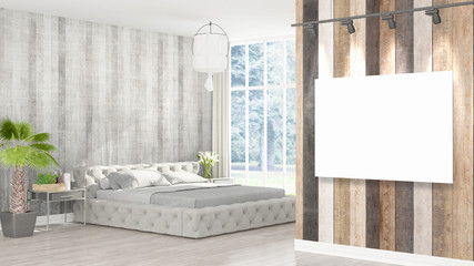 Modern interior with empty frame . 3D rendering