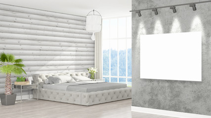 Modern interior with empty frame . 3D rendering