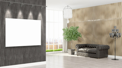 Modern interior with empty frame . 3D rendering