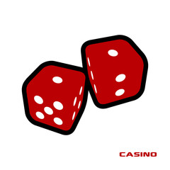 Pair of red casino dice with black outline isolated on white background. Casino Dice Vector Illustration.
