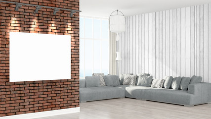 Modern interior with empty frame . 3D rendering