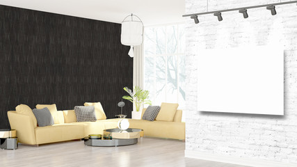 Modern interior with empty frame . 3D rendering