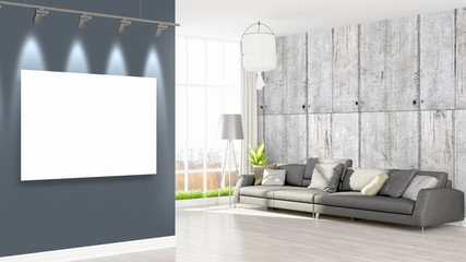 Modern interior with empty frame . 3D rendering