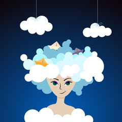 Woman in clouds. Perfect imagination. Night.